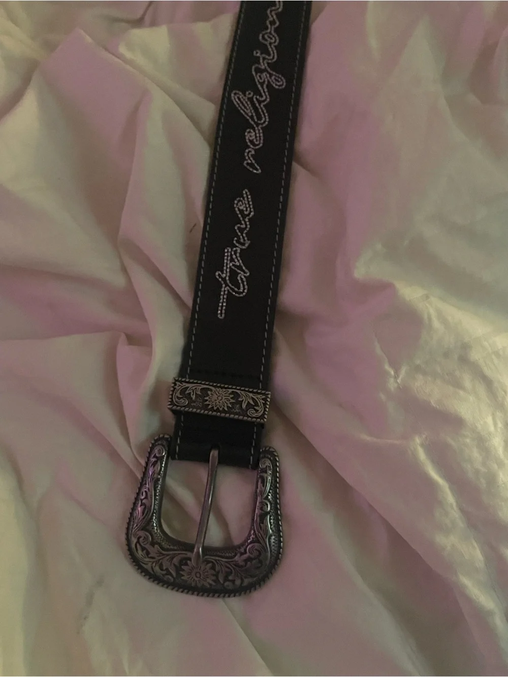 True Religion Black Western Belt with Embroidered Script and Silver Buckle